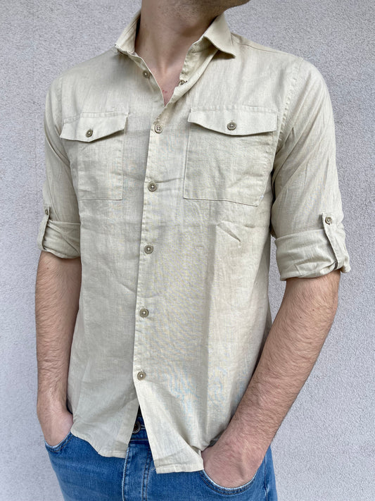 Camicia in lino HAMAKI-HO MILANO BIEGE con tasca applicata