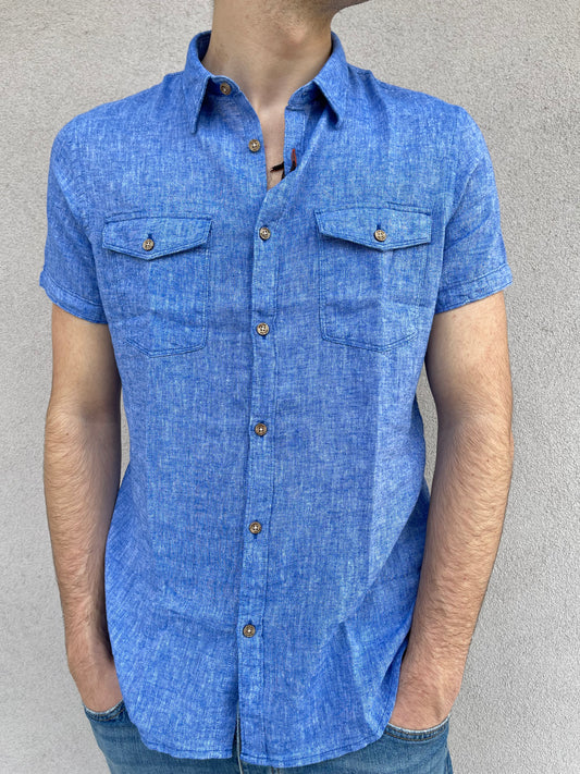Camicia manica corta 100% puro lino YES-ZEE Blue Sea tasche applicate