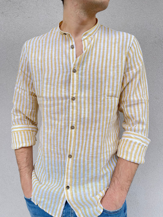 Camicia 100% puro lino YES-ZEE a costa larga yellow&white