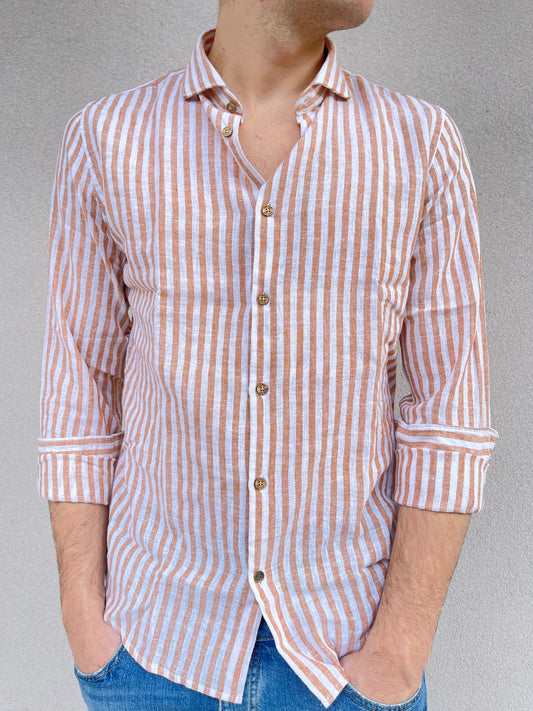 Camicia 100% puro lino YES-ZEE a costa larga verde orange&white